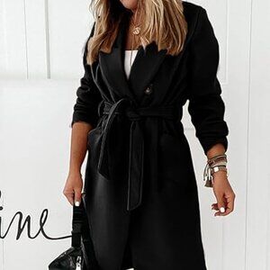 Women Double Breasted Wool Blend Notched Lapel Belted Peacoat Mid Long Coat Sz M